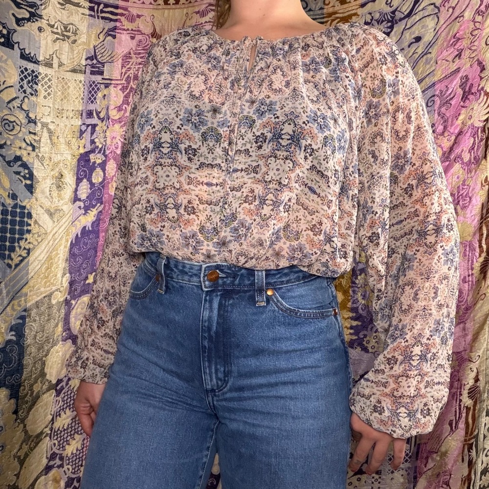 Blush Floral Peasant Prairie Long Sleeve Semi Sheer Boho Keyhole Blouse Size L